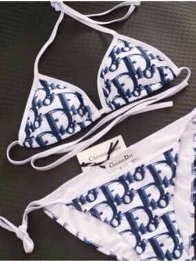 Dior White & Navy Logo Triangle Bikini Set